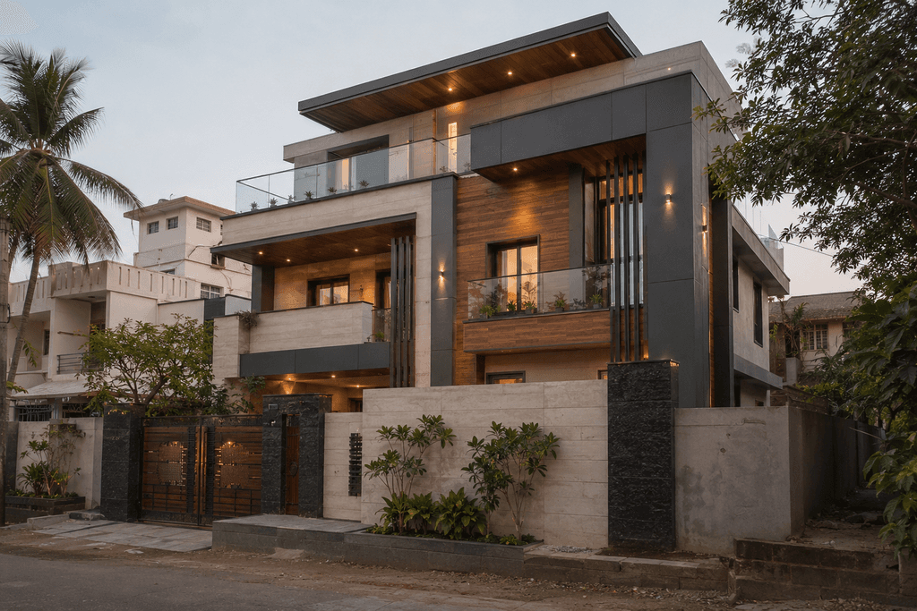 ACP HPL cladding exterior elevation work Hosur by NVR Interiors